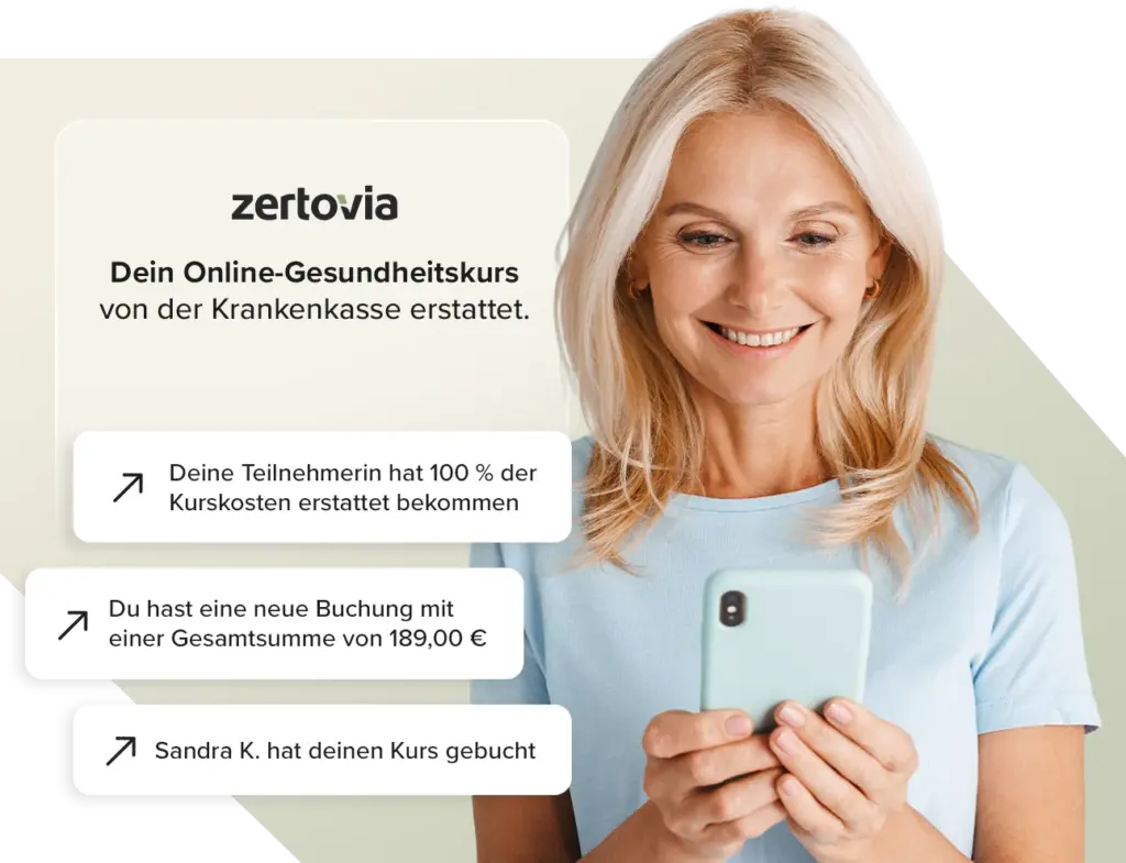 Smartphone-Mockup mir Frau zeigt Kursbuchungen und Krankenkassen-Erstattungen in Echtzeit